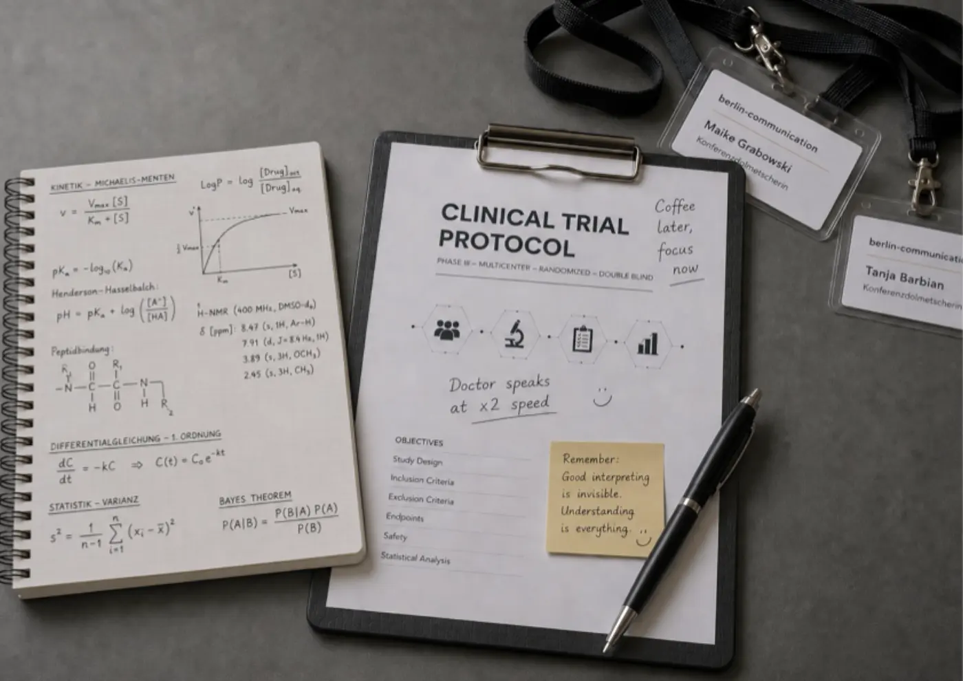 Medical formulas, clinical research documents and specialist notes on a conference interpreter’s desk