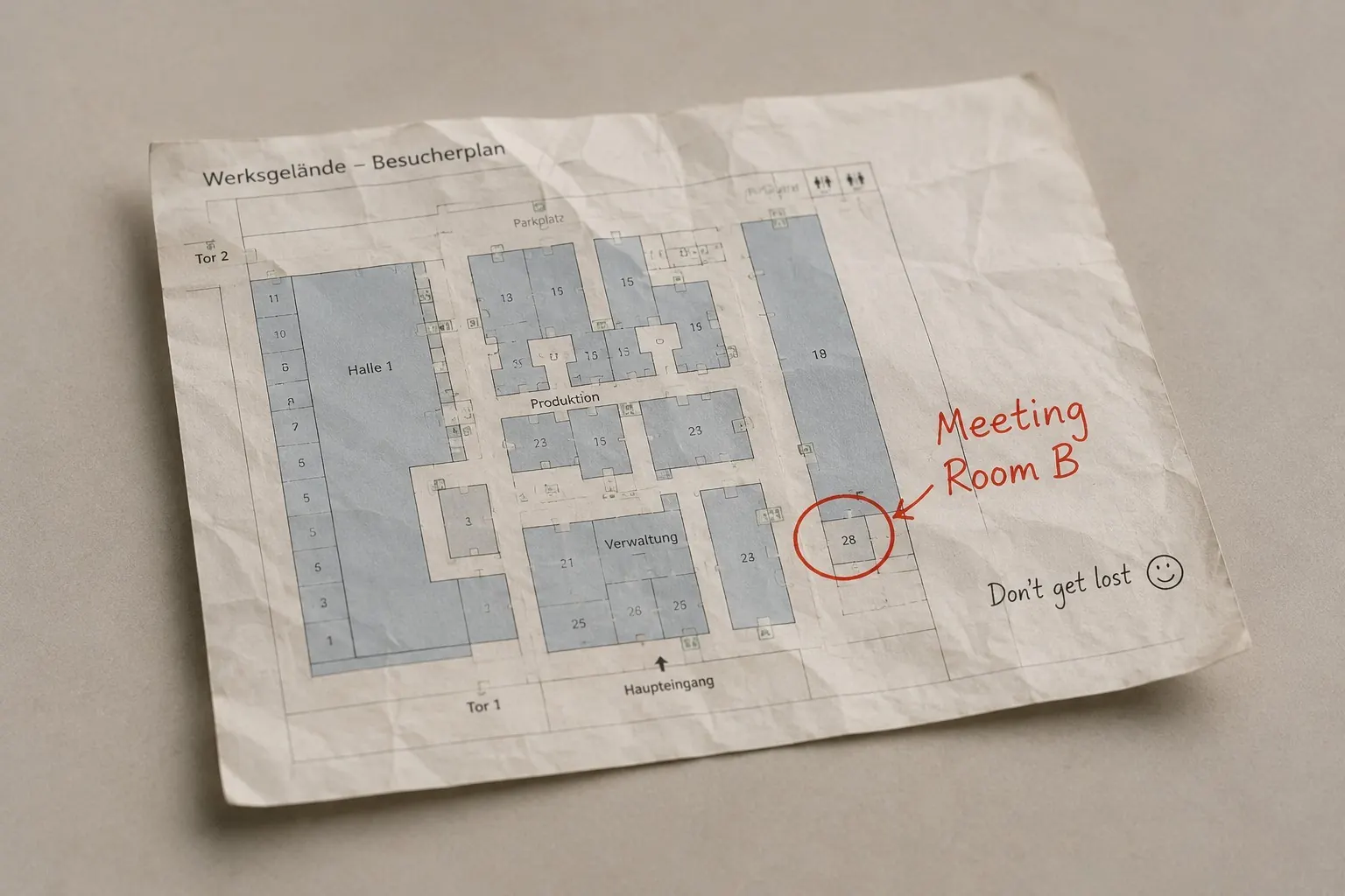 A slightly crumpled visitor map of a factory site with Meeting Room B circled in red and the handwritten note: “Don’t get lost”